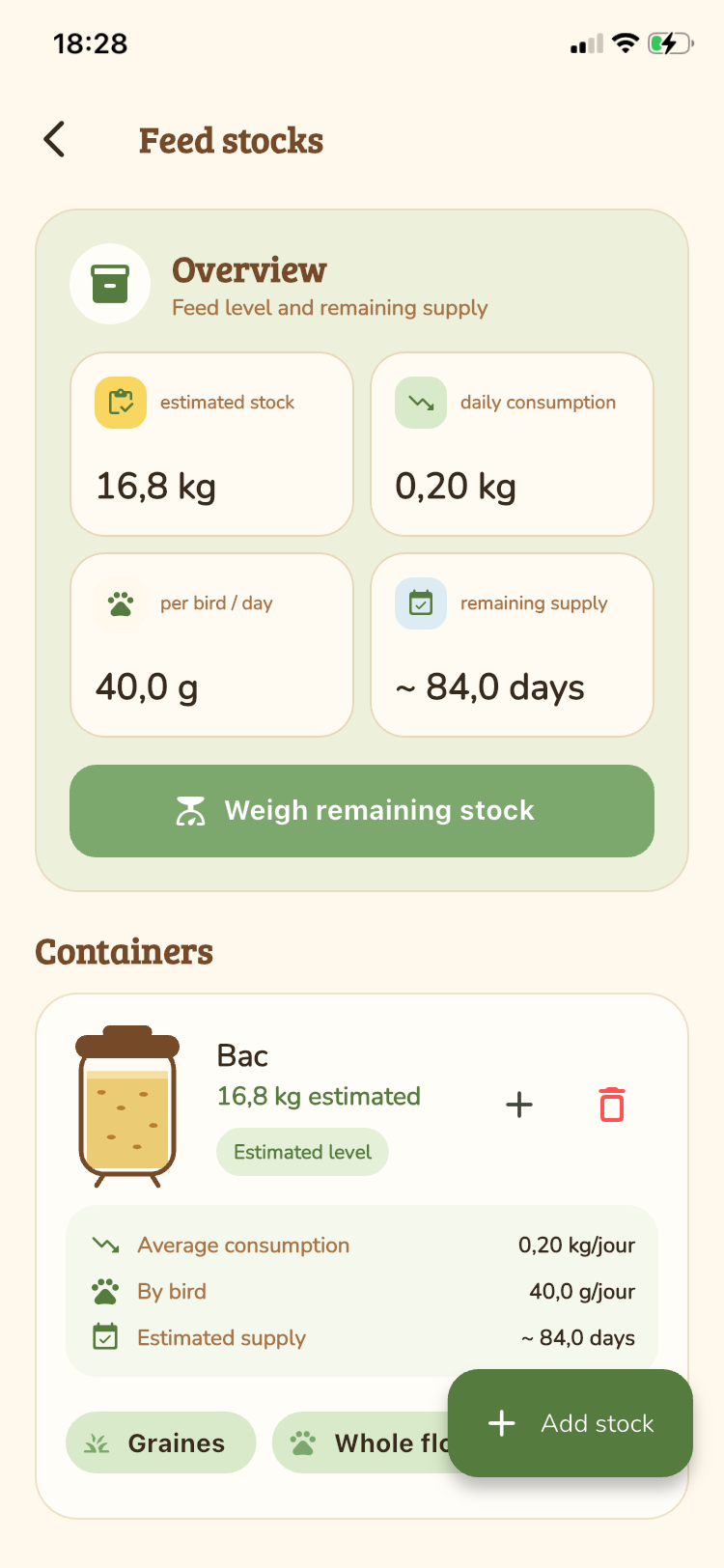 Feed stock overview in Mon Petit Poulailler