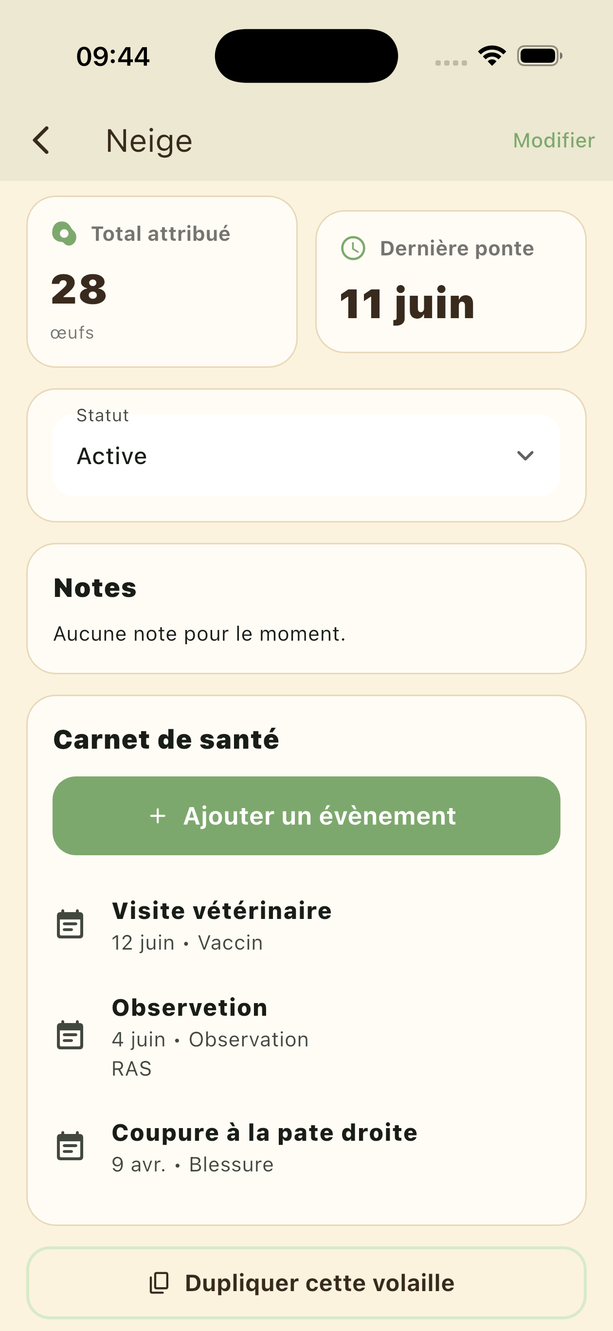 Carnet santé poule avec soins, observations et visites vétérinaires