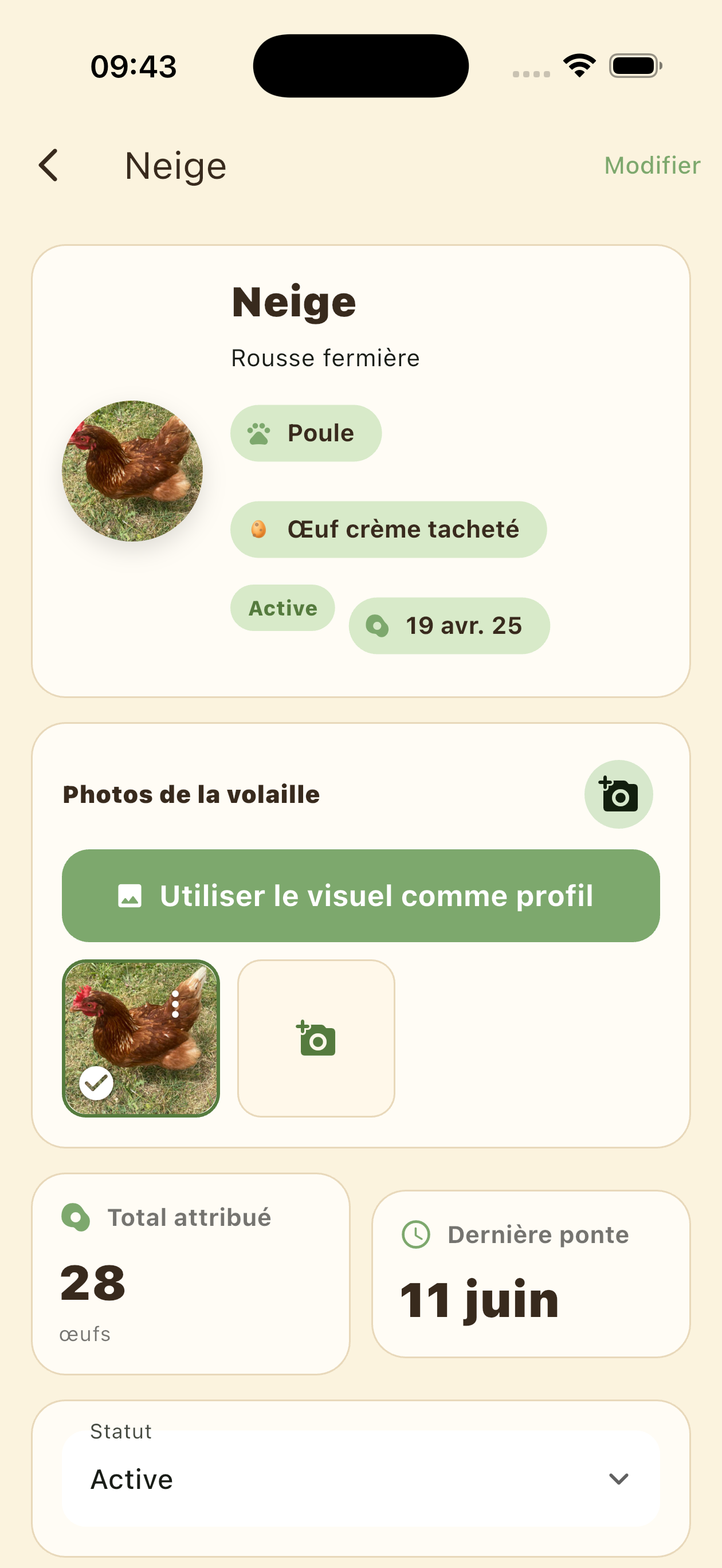 Fiche de poule avec informations, ponte et historique du poulailler familial
