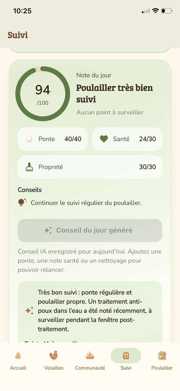 Conseil IA personnalisé à partir du score du poulailler