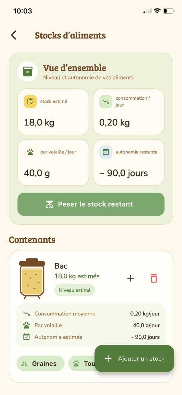 Suivi du stock d’aliments et estimation de l’autonomie restante