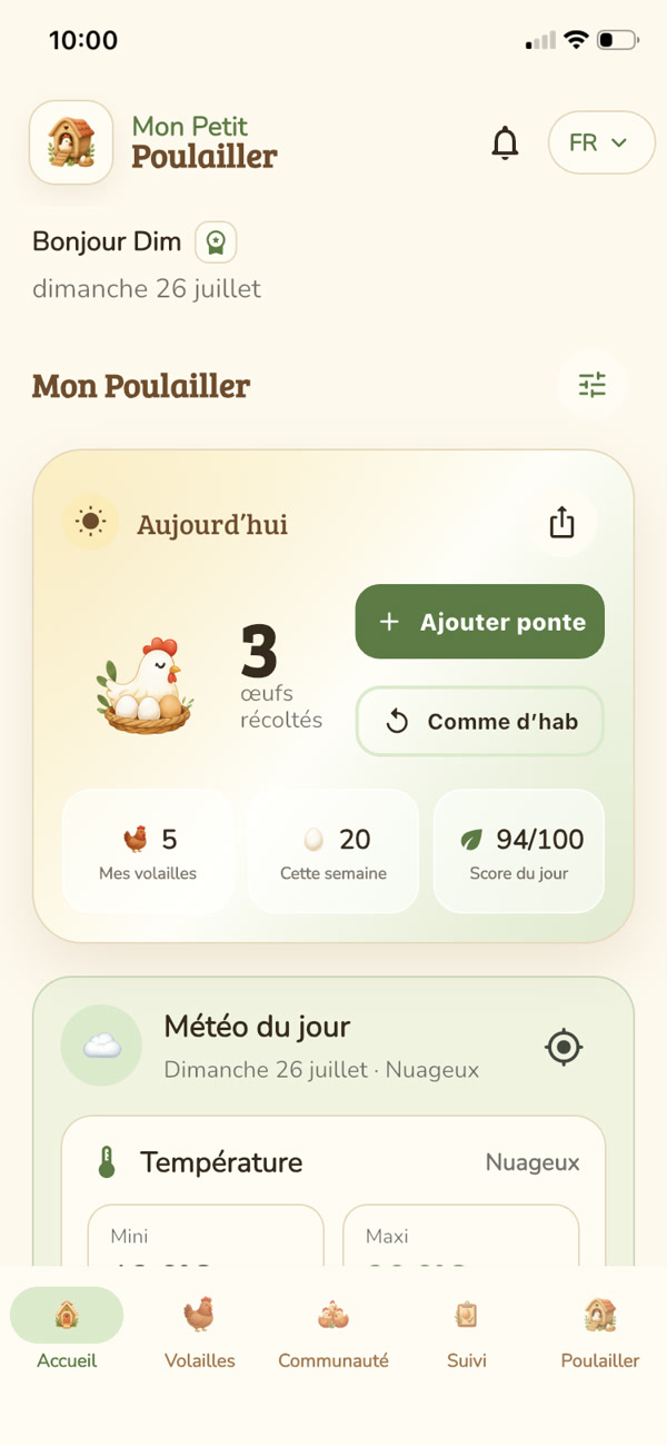 Nouvel écran d’accueil de Mon Petit Poulailler avec les œufs, le score et la météo