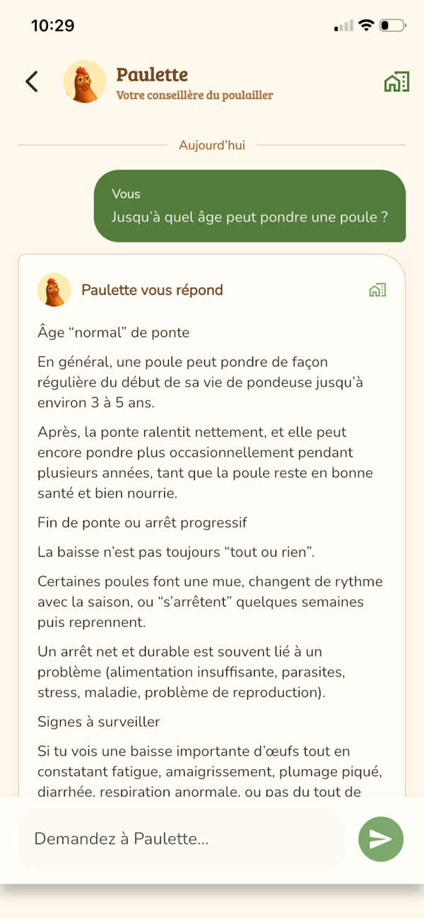 Conversation avec Paulette, la conseillère IA du poulailler